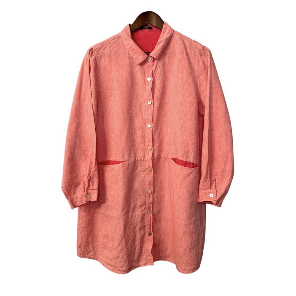 Vivid linen button up tunic top womens large orange pockets lagenlook art resort